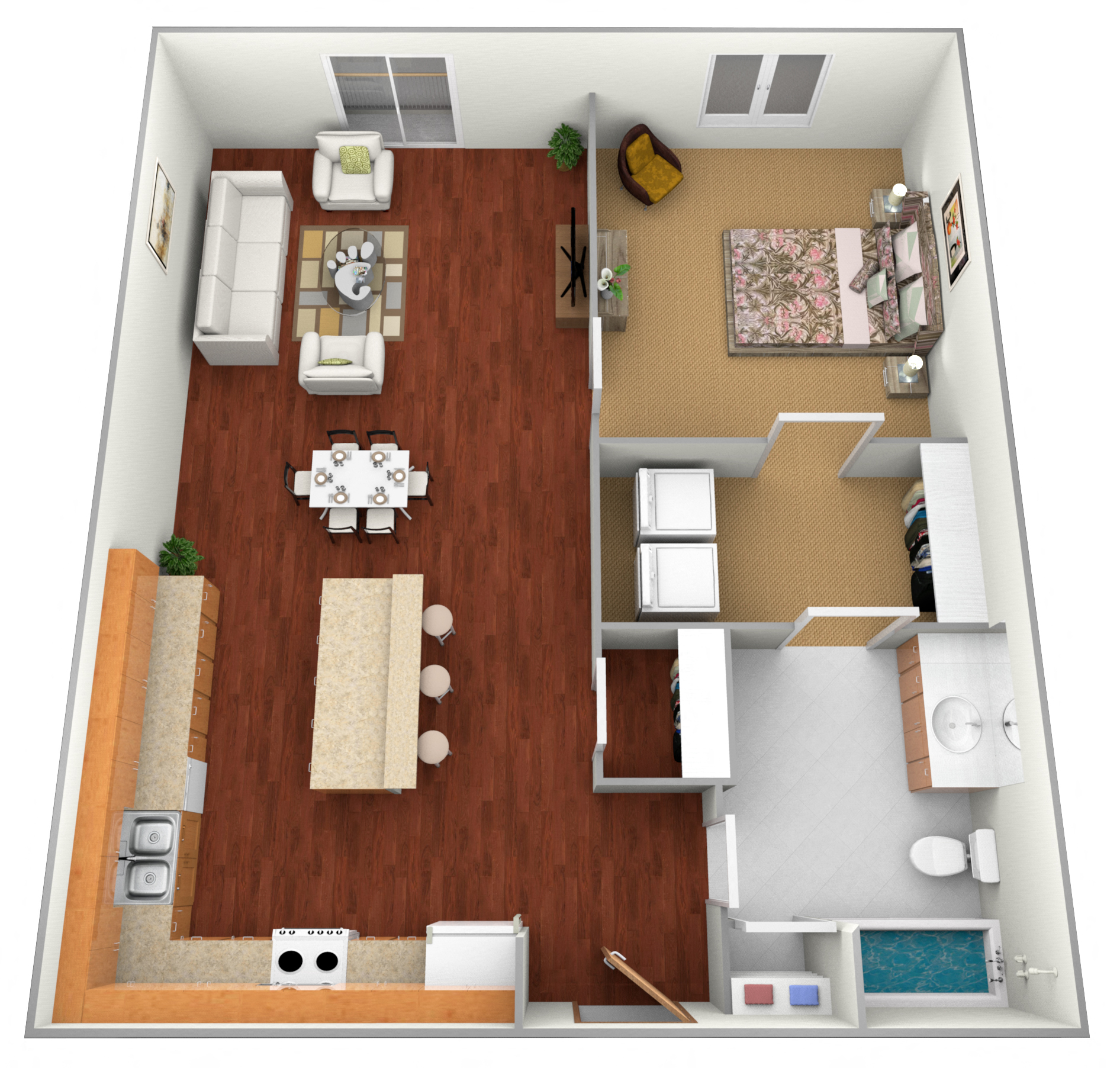 Floor plan for 1 bed, 1 bath, 742 sqft